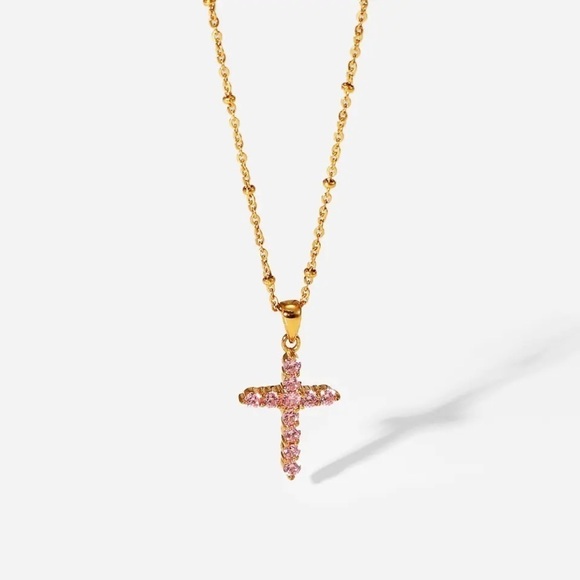 18K Gold Plated Pink Cubic Zirconia Cross Pendant Necklace - Picture 1 of 7